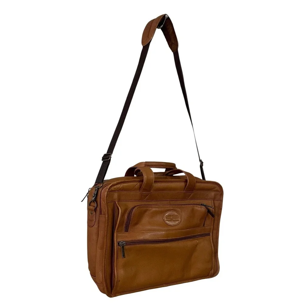 Claire Chase Distressed Tan Leather Laptop Briefcase Shoulder Bag Carry On Large